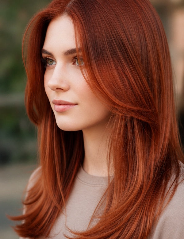 Woman modelling Radico Auburn Red hair colour, with long, smooth copper-red hair parted in the centre and curved layers framing her face and shoulders.