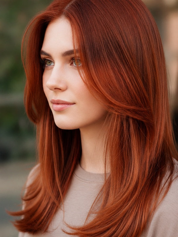 Woman modelling Radico Auburn Red hair colour, with long, smooth copper-red hair parted in the centre and curved layers framing her face and shoulders.
