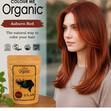 Radico Auburn Red graphic showing a woman with long, layered copper-red hair beside a brown paper hair-colour pouch, with the shade name printed on a reddish-brown brushstroke above.