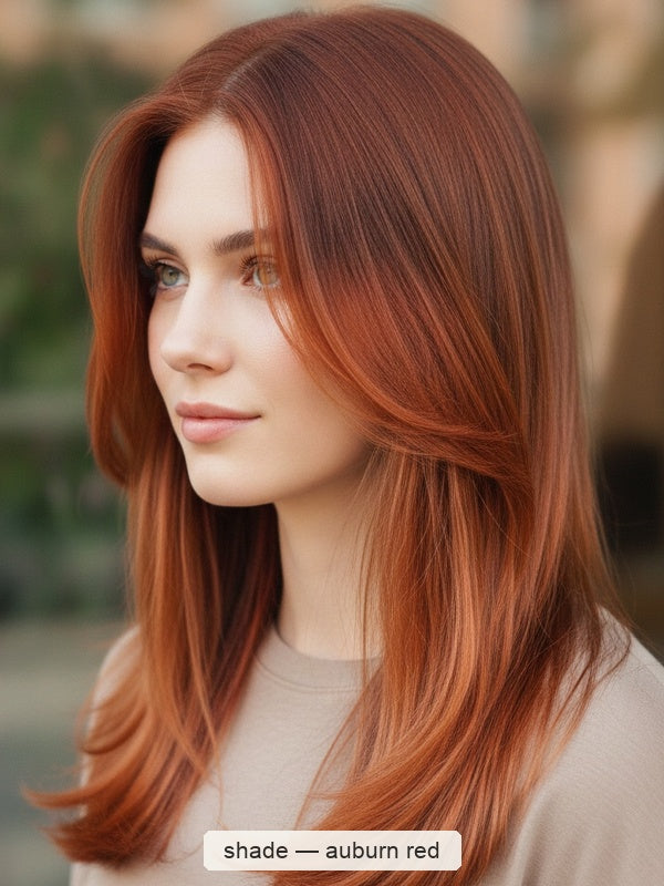 Woman with long, layered copper-red hair and a centre part, shown outdoors with a small label beneath identifying the shade as Auburn Red.