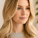 Woman modelling Radico Beige Blonde hair colour, with shoulder-length golden-beige waves, a centre part and lighter strands framing her face.