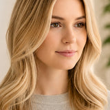 Woman modelling Radico Beige Blonde hair colour, with shoulder-length golden-beige waves, a centre part and lighter strands framing her face.