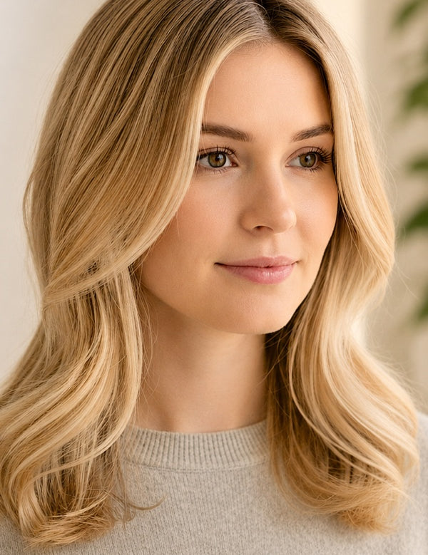 Woman modelling Radico Beige Blonde hair colour, with shoulder-length golden-beige waves, a centre part and lighter strands framing her face.