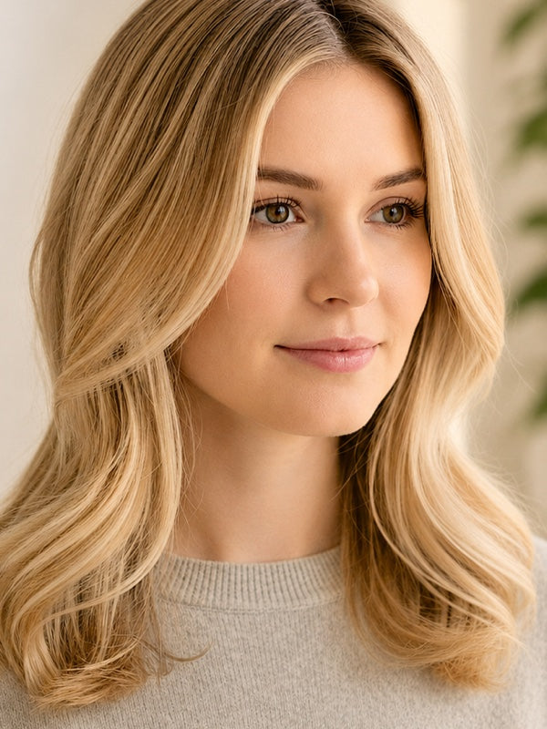 Woman modelling Radico Beige Blonde hair colour, with shoulder-length golden-beige waves, a centre part and lighter strands framing her face.