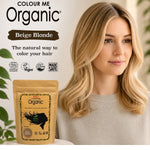 Radico Beige Blonde graphic showing a woman with shoulder-length golden-beige waves beside a brown paper hair-colour pouch, with the shade name printed on a brown brushstroke above.