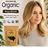 Radico Beige Blonde graphic showing a woman with shoulder-length golden-beige waves beside a brown paper hair-colour pouch, with the shade name printed on a brown brushstroke above.