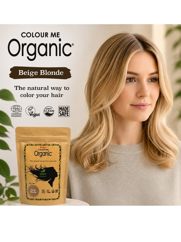 Radico Beige Blonde graphic showing a woman with shoulder-length golden-beige waves beside a brown paper hair-colour pouch, with the shade name printed on a brown brushstroke above.