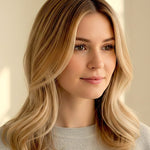 Woman with shoulder-length golden-beige waves and lighter face-framing strands, with a small label beneath identifying the shade as Beige Blonde.