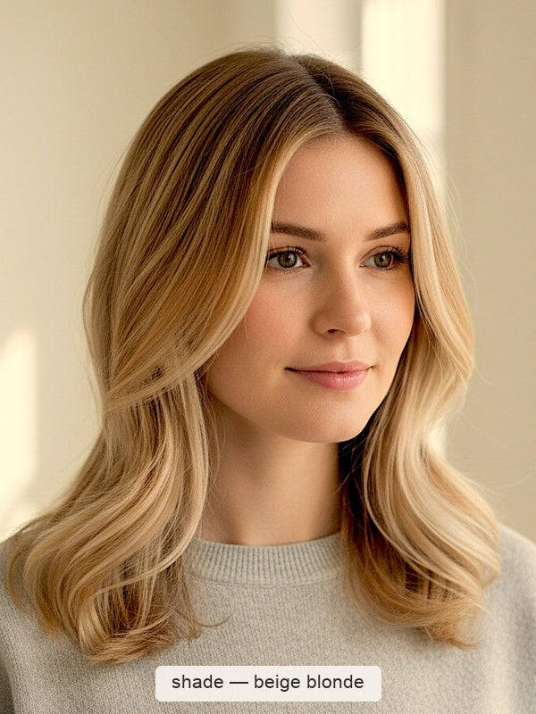 Woman with shoulder-length golden-beige waves and lighter face-framing strands, with a small label beneath identifying the shade as Beige Blonde.