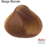 Rounded teardrop-shaped tuft of smooth, warm golden-brown hair beneath the shade name Beige Blonde, with the Radico Colour Me Organic logo at the lower right.