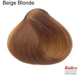 Rounded teardrop-shaped tuft of smooth, warm golden-brown hair beneath the shade name Beige Blonde, with the Radico Colour Me Organic logo at the lower right.