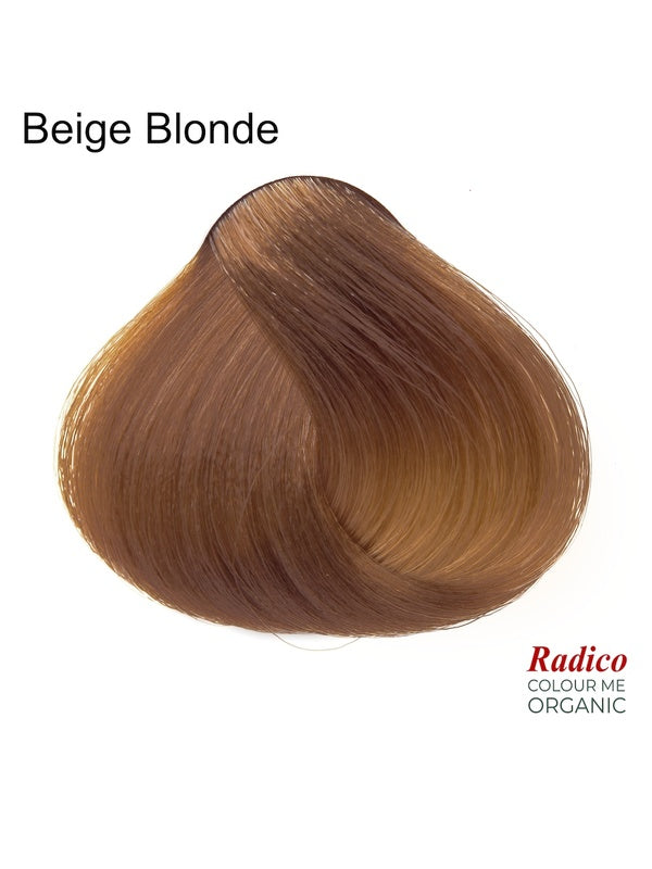 Rounded teardrop-shaped tuft of smooth, warm golden-brown hair beneath the shade name Beige Blonde, with the Radico Colour Me Organic logo at the lower right.