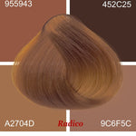 Radico Beige Blonde hair swatch laid over four brown and tan colour blocks, each labelled with a colour code, with the shade name printed beneath the image.