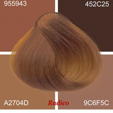 Radico Beige Blonde hair swatch laid over four brown and tan colour blocks, each labelled with a colour code, with the shade name printed beneath the image.