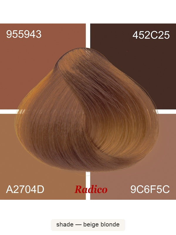 Radico Beige Blonde hair swatch laid over four brown and tan colour blocks, each labelled with a colour code, with the shade name printed beneath the image.