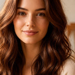 Woman modelling Radico Brown hair colour, with long, loose chestnut-brown waves, a centre part and warm copper highlights along the curves.