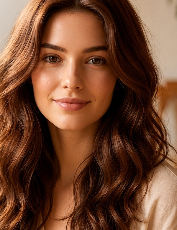 Woman modelling Radico Brown hair colour, with long, loose chestnut-brown waves, a centre part and warm copper highlights along the curves.