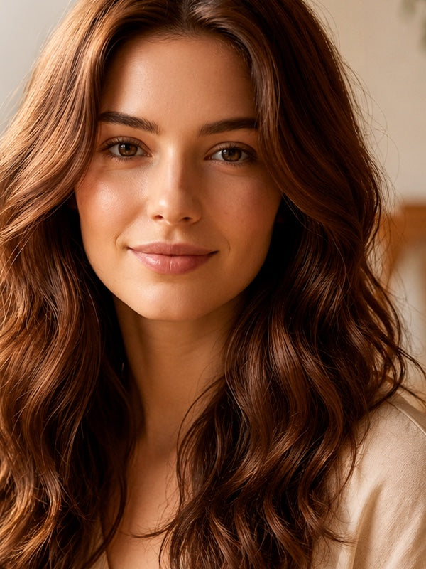 Woman modelling Radico Brown hair colour, with long, loose chestnut-brown waves, a centre part and warm copper highlights along the curves.