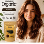 Radico Brown graphic showing a woman with long chestnut-brown waves beside a brown paper hair-colour pouch, with the shade name printed on a dark brown brushstroke above.