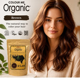 Radico Brown graphic showing a woman with long chestnut-brown waves beside a brown paper hair-colour pouch, with the shade name printed on a dark brown brushstroke above.