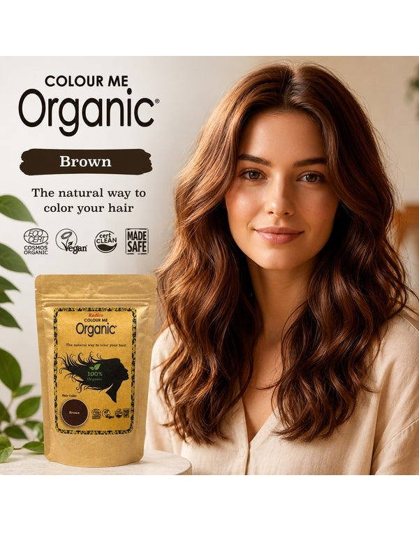 Radico Brown graphic showing a woman with long chestnut-brown waves beside a brown paper hair-colour pouch, with the shade name printed on a dark brown brushstroke above.