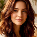 Woman with long, loose chestnut-brown waves and warm copper highlights, with a small label beneath identifying the shade as Brown.