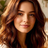 Woman with long, loose chestnut-brown waves and warm copper highlights, with a small label beneath identifying the shade as Brown.