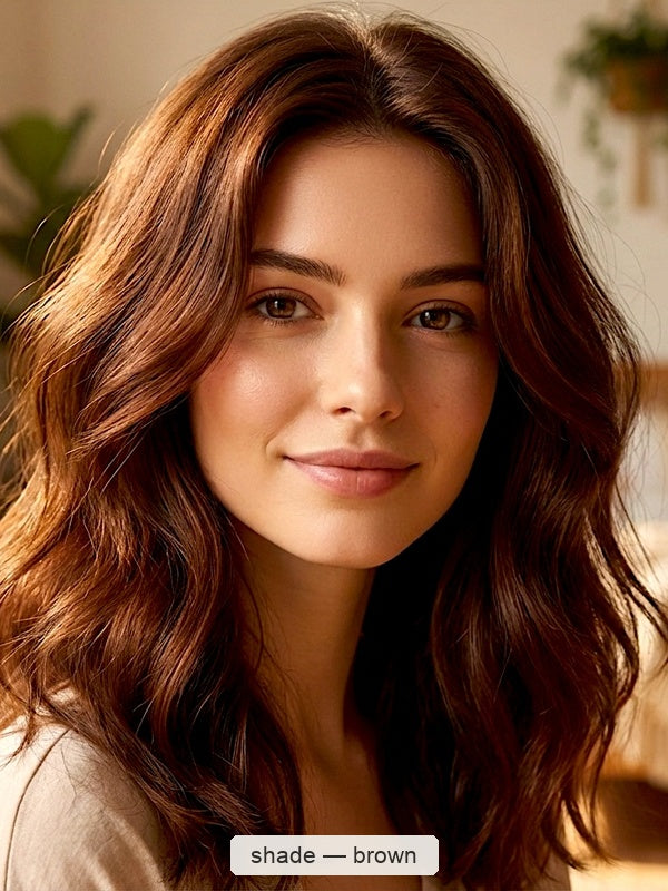 Woman with long, loose chestnut-brown waves and warm copper highlights, with a small label beneath identifying the shade as Brown.