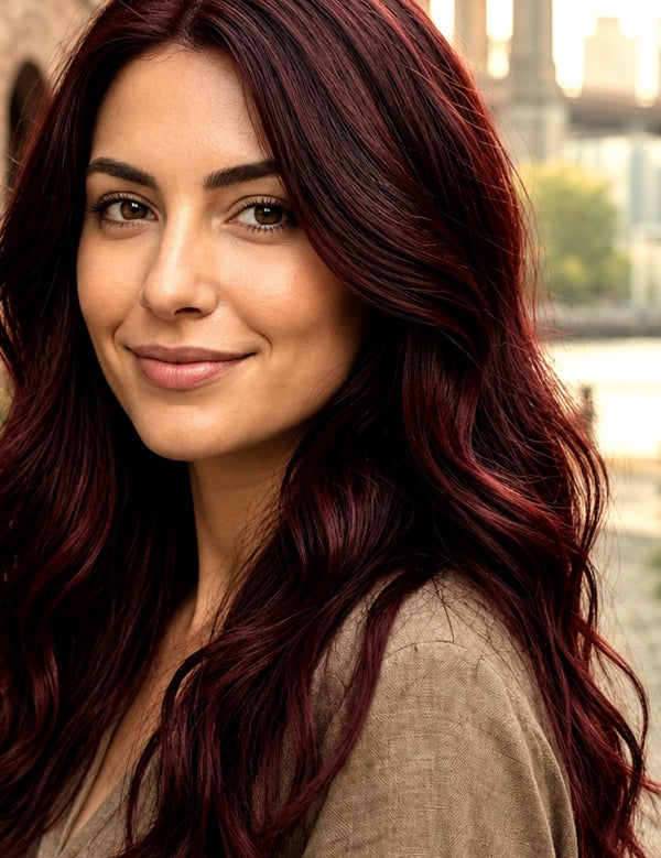 Woman modelling Radico Burgundy hair colour, looking back over one shoulder with long, loose waves in a deep wine-red shade.