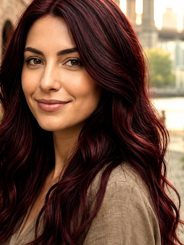 Woman modelling Radico Burgundy hair colour, looking back over one shoulder with long, loose waves in a deep wine-red shade.