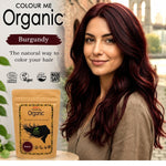 Radico Burgundy graphic showing a woman with long, deep wine-red waves beside a brown paper hair-colour pouch, with the shade name printed on a burgundy brushstroke above.