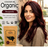 Radico Burgundy graphic showing a woman with long, deep wine-red waves beside a brown paper hair-colour pouch, with the shade name printed on a burgundy brushstroke above.