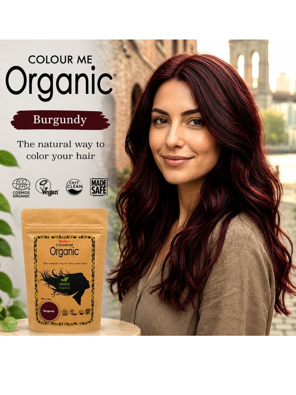 Radico Burgundy graphic showing a woman with long, deep wine-red waves beside a brown paper hair-colour pouch, with the shade name printed on a burgundy brushstroke above.