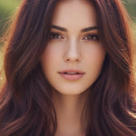 Woman facing forward with long, centre-parted waves of deep burgundy hair and brighter red highlights, with the shade name Burgundy printed beneath.