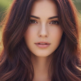 Woman facing forward with long, centre-parted waves of deep burgundy hair and brighter red highlights, with the shade name Burgundy printed beneath.