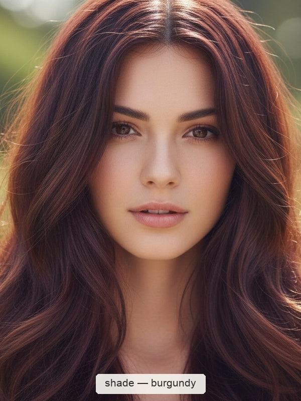 Woman facing forward with long, centre-parted waves of deep burgundy hair and brighter red highlights, with the shade name Burgundy printed beneath.