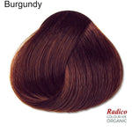 Rounded teardrop-shaped tuft of smooth, dark plum-red hair beneath the shade name Burgundy, with the Radico Colour Me Organic logo at the lower right.
