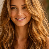 Smiling woman modelling Radico Caramel Blonde hair colour, with long, loose golden-caramel waves and lighter strands around her face.