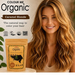 Radico Caramel Blonde graphic showing a smiling woman with long golden-caramel waves beside a brown paper hair-colour pouch, with the shade name printed on a brown brushstroke above.
