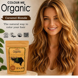 Radico Caramel Blonde graphic showing a smiling woman with long golden-caramel waves beside a brown paper hair-colour pouch, with the shade name printed on a brown brushstroke above.