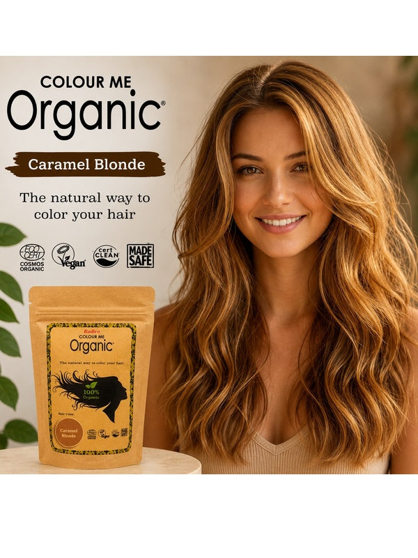 Radico Caramel Blonde graphic showing a smiling woman with long golden-caramel waves beside a brown paper hair-colour pouch, with the shade name printed on a brown brushstroke above.