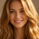 Smiling woman with long, loose golden-caramel waves, with a small label beneath identifying the shade as Caramel Blonde.