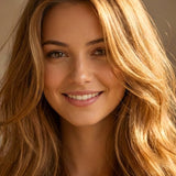 Smiling woman with long, loose golden-caramel waves, with a small label beneath identifying the shade as Caramel Blonde.