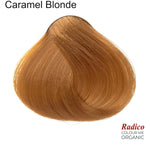 Rounded teardrop-shaped tuft of smooth, warm golden-caramel hair beneath the shade name Caramel Blonde, with the Radico Colour Me Organic logo at the lower right.