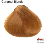Rounded teardrop-shaped tuft of smooth, warm golden-caramel hair beneath the shade name Caramel Blonde, with the Radico Colour Me Organic logo at the lower right.