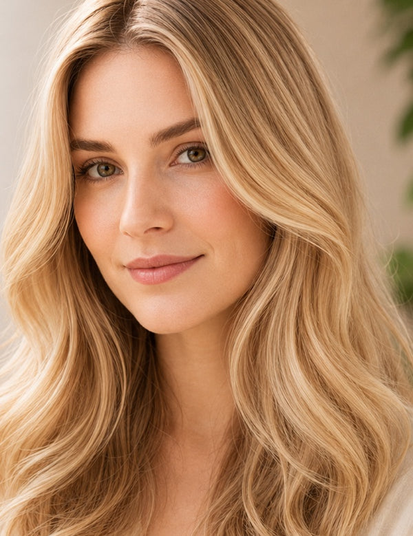 Woman modelling Radico Champagne Blonde hair colour, with a centre part, loose pale golden-blonde waves and lighter strands framing her face.