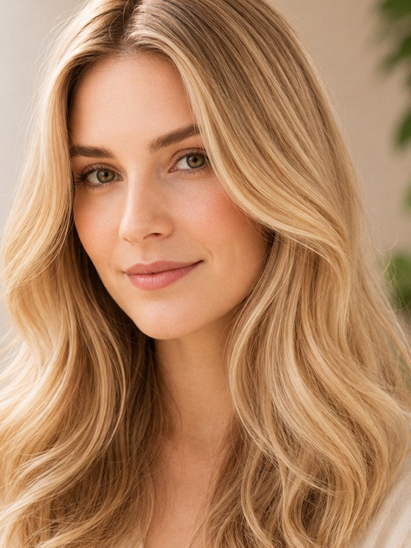 Woman modelling Radico Champagne Blonde hair colour, with a centre part, loose pale golden-blonde waves and lighter strands framing her face.