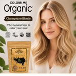 Radico Champagne Blonde graphic showing a woman with loose pale golden-blonde waves beside a brown paper hair-colour pouch, with the shade name printed on a brown brushstroke above.