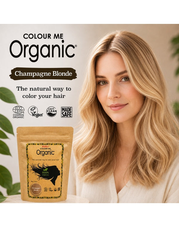 Radico Champagne Blonde graphic showing a woman with loose pale golden-blonde waves beside a brown paper hair-colour pouch, with the shade name printed on a brown brushstroke above.