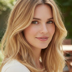 Woman outdoors with shoulder-length pale golden-blonde waves and darker roots, with a small label beneath identifying the shade as Champagne Blonde.